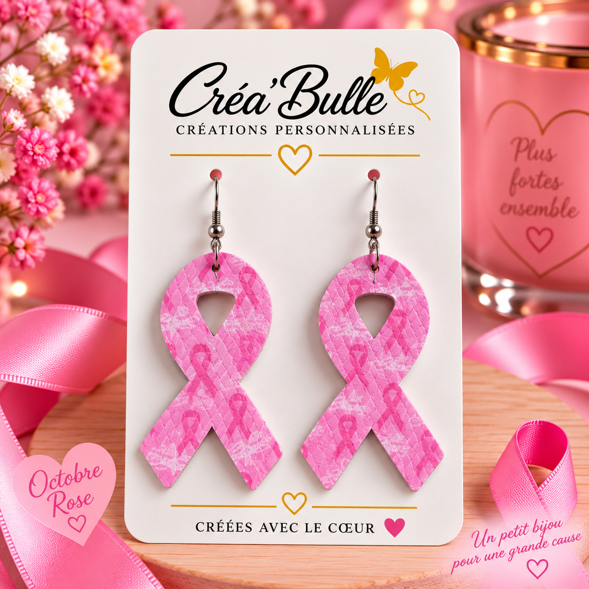 Boucles d’oreilles Octobre Rose Simili Cuir
