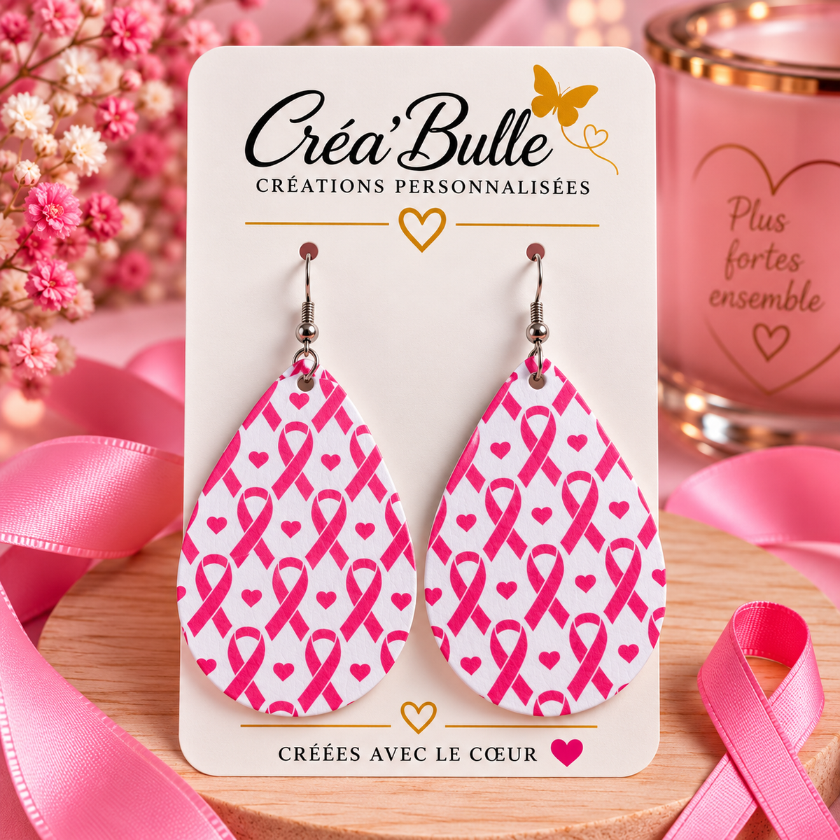 Boucles d’oreilles Octobre Rose Simili Cuir