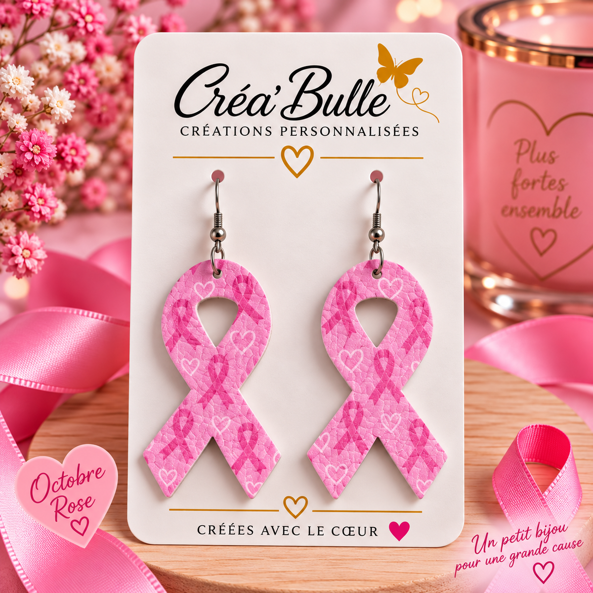 Boucles d’oreilles Octobre Rose Simili Cuir