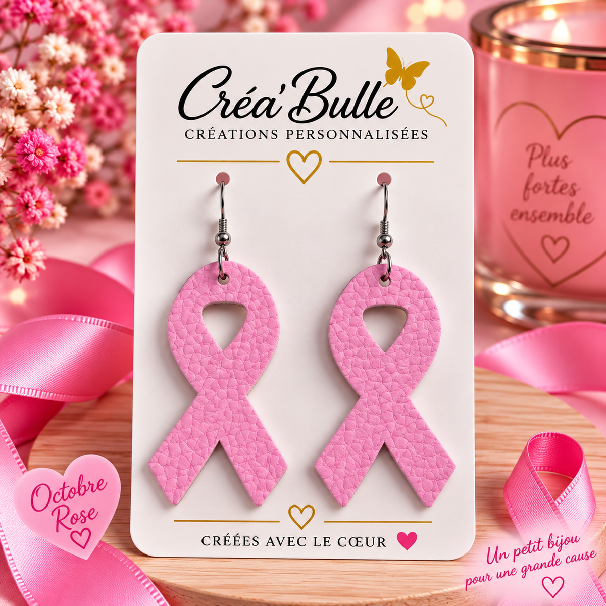 Boucles d’oreilles Octobre Rose Simili Cuir