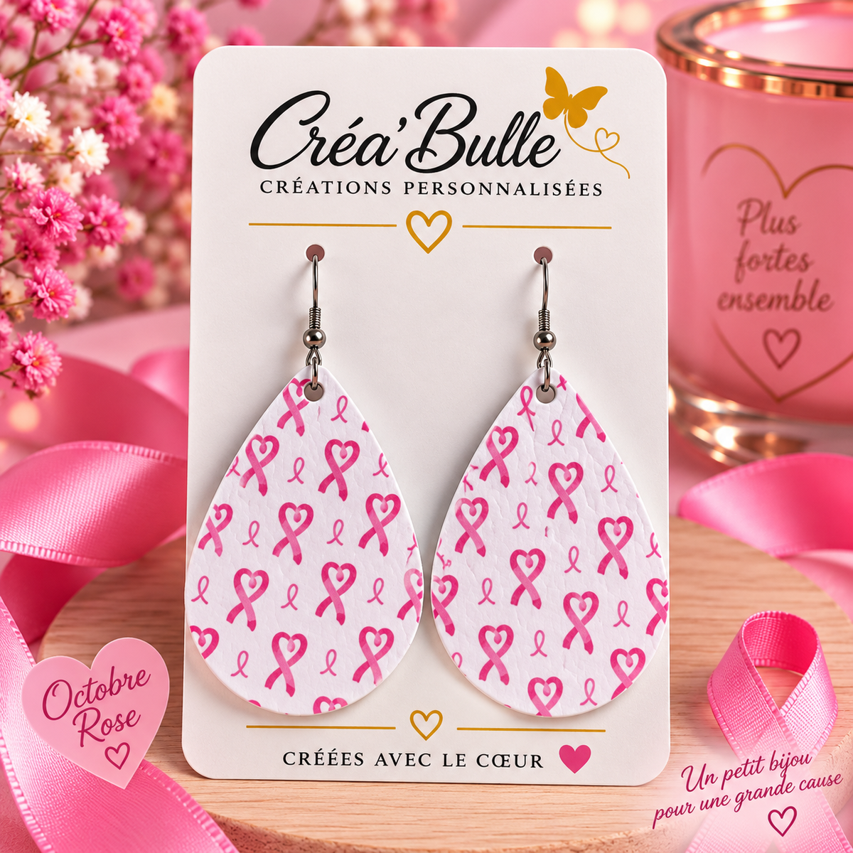 Boucles d’oreilles Octobre Rose Simili Cuir