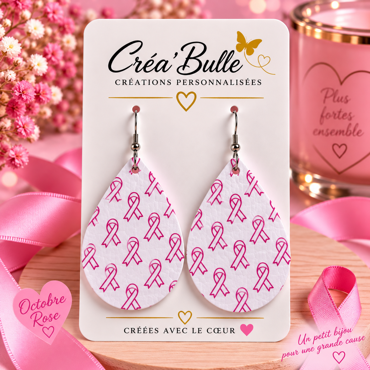 Boucles d’oreilles Octobre Rose Simili Cuir