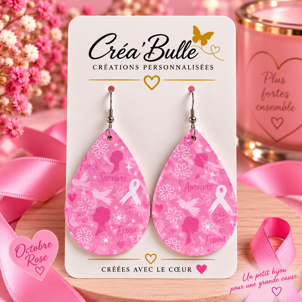 Boucles d’oreilles Octobre Rose Simili Cuir