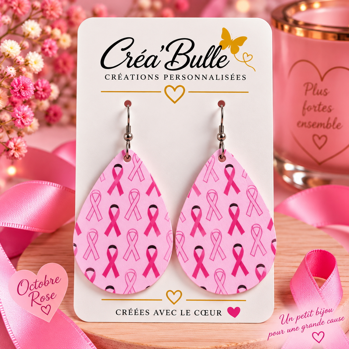 Boucles d’oreilles Octobre Rose Simili Cuir