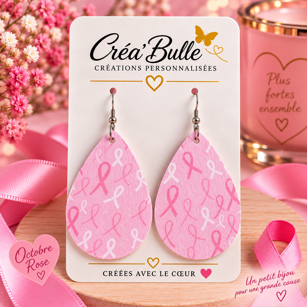 Boucles d’oreilles Octobre Rose Simili Cuir
