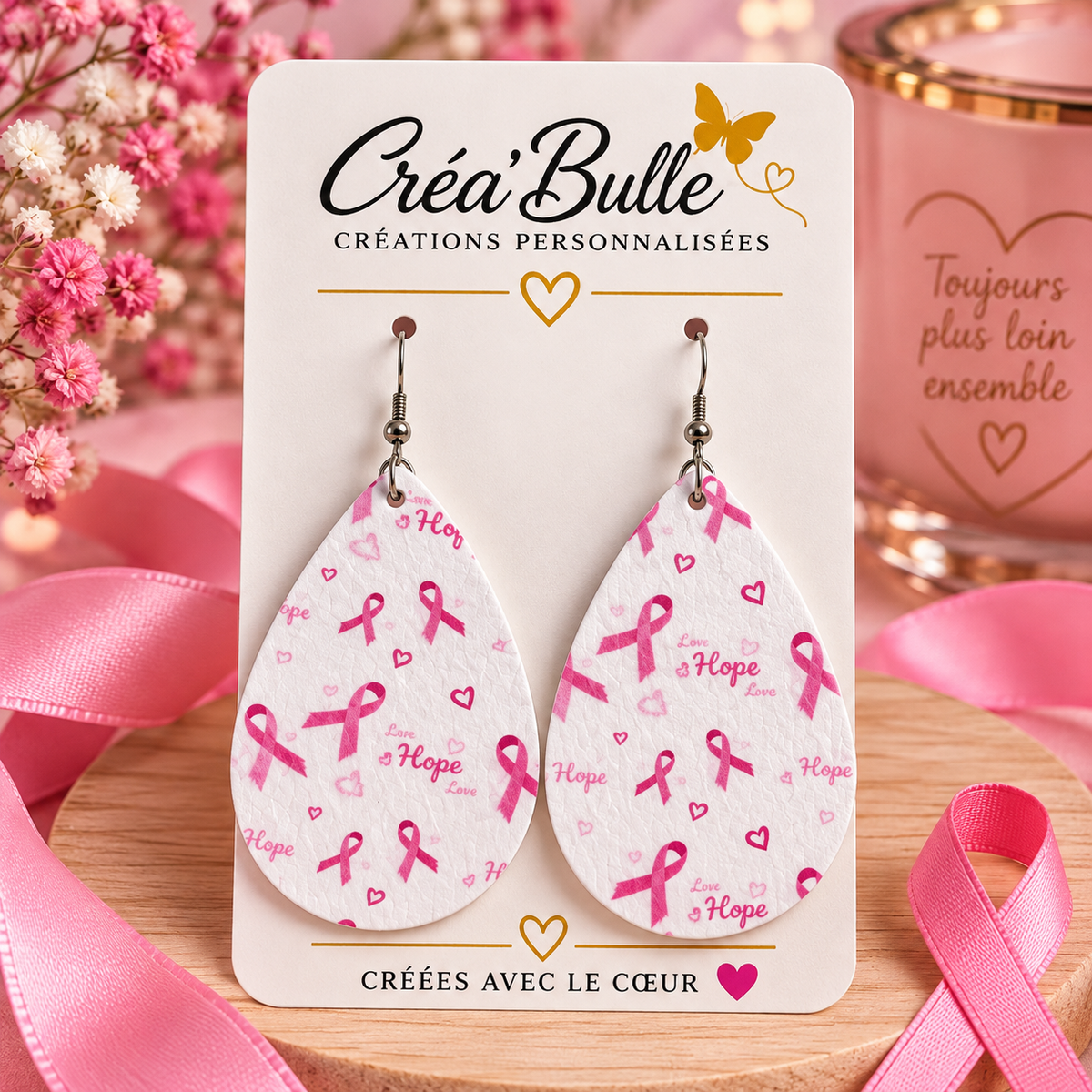 Boucles d’oreilles Octobre Rose Simili Cuir