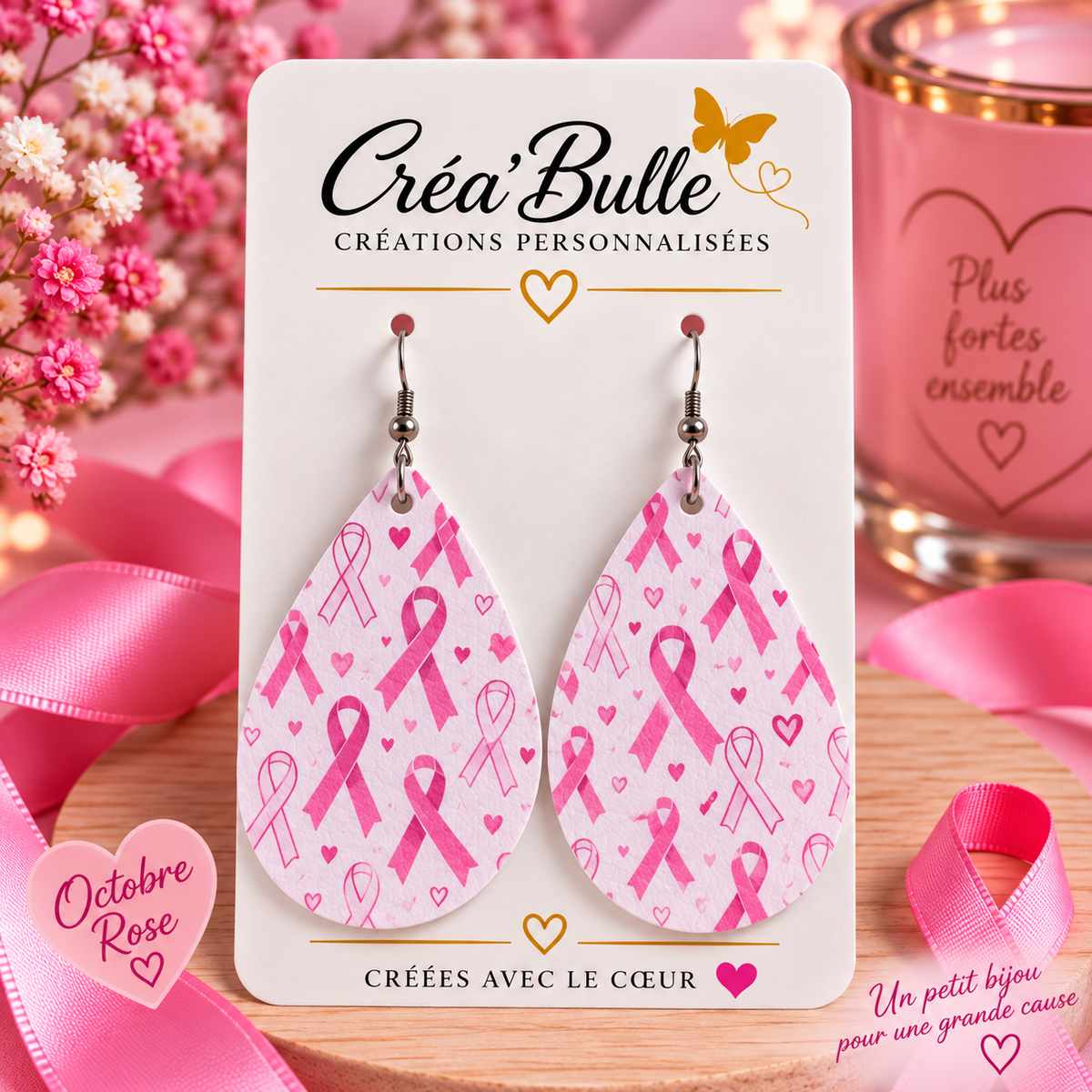 Boucles d’oreilles Octobre Rose Simili Cuir