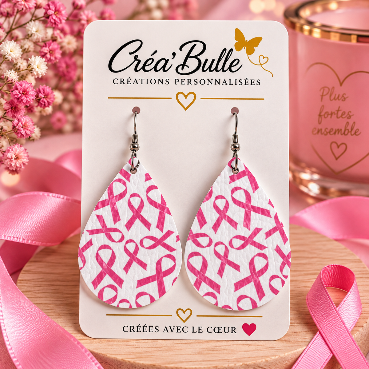 Boucles d’oreilles Octobre Rose Simili Cuir