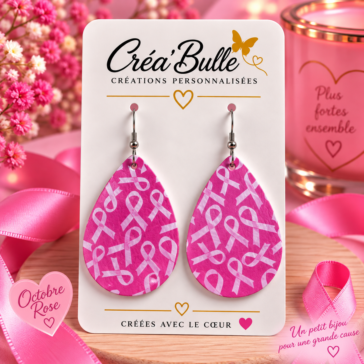 Boucles d’oreilles Octobre Rose Simili Cuir